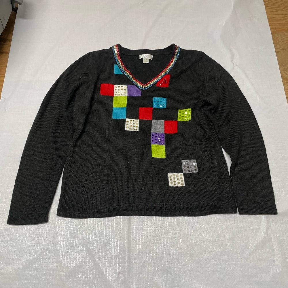 Christopher & Banks Black V‑Neck Sweater with Colorful Patch Blocks
